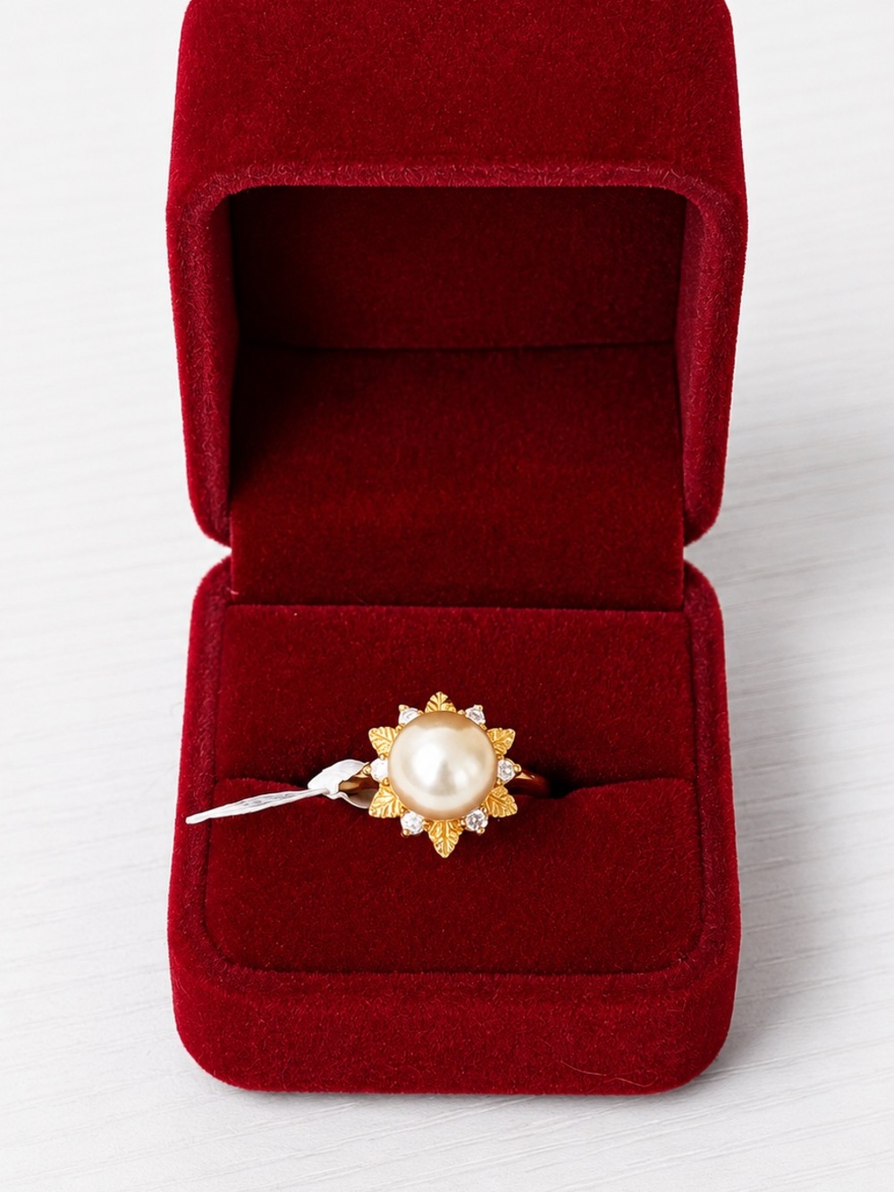 Vintage Deadstock Faux Pearl CZ Flower Ring 14K Gold Electroplate Size 7